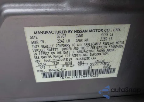 2007 Nissan Altima 2.5 S from USA, damaged, VIN 1N4AL21E47N498529